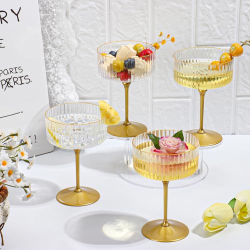 HKSZEH 24 PCS Ribbed Coupe Glasses with Gold Stem Clear Plastic Champagne Coupe Cup 10oz Detachable Gold Rim Espresso Mart...