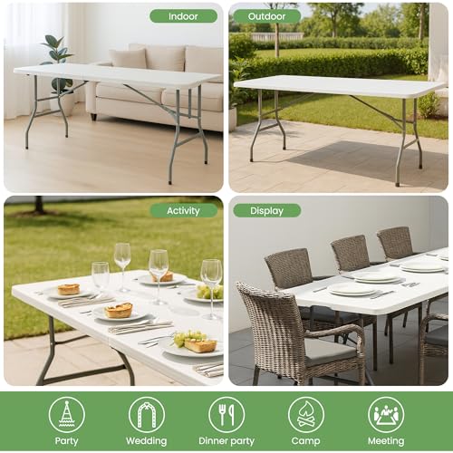 LING RONG Folding Table 6FT Portable Heavy Duty Plastic Table with Carrying Handle Fold-in-Half Utility Foldable Tables fo...