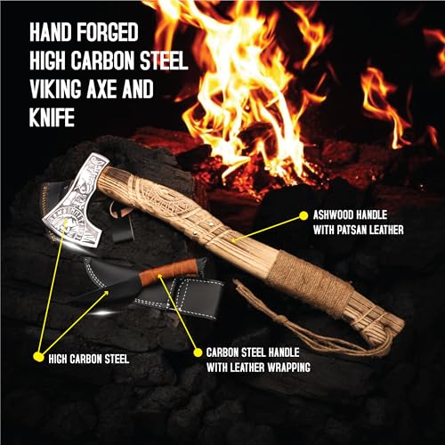 Viking Axe with Gift Viking Knife Also Leather Sheaths, Carbon Steel, Carved Wooden Handle, Bearded Heaven Hatchet for Cam...