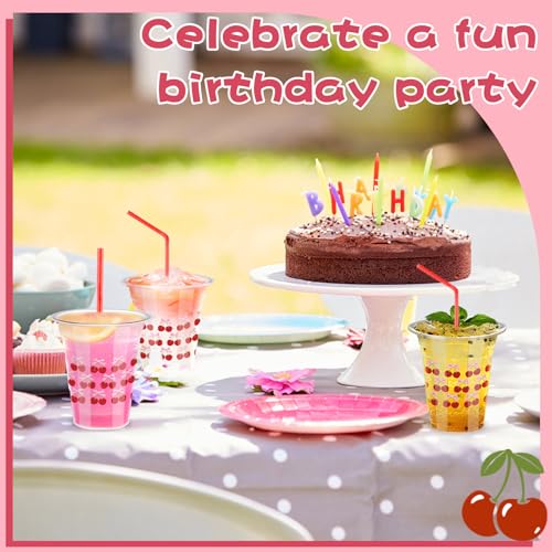 Yoiemivy 100 Pcs Cherry Disposable Plastic Cups with Straws 16 oz Cute Cherry Beverage Drinking Cups for Holiday Party Fav...