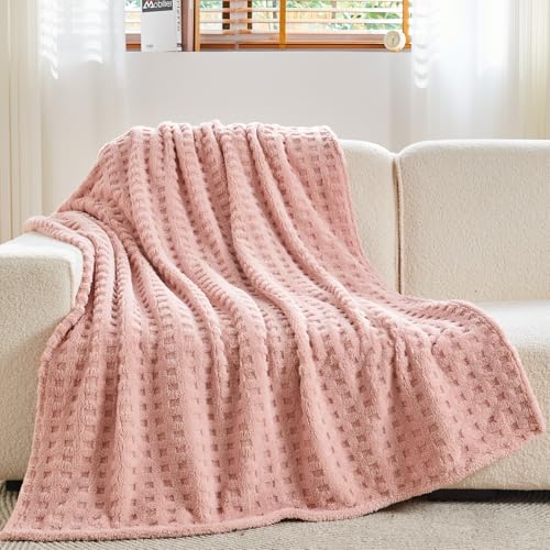 NEWCOSPLAY Super Soft Throw Blanket Pink Premium Silky Flannel Fleece 3D Waffle Checkered Lightweight Bed Blanket All Seas...