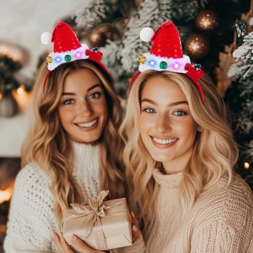 Bafuny Light Up Red Green Santa Hat Headband Christmas Hat Hairband Xmas Bells Head Accessories for Women