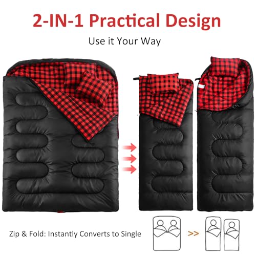 Swtmerry Double Sleeping Bag for Adults with 2 Pillows, Big & Tall Queen Size XL Sleeping Bag for 2 Person, Waterproof & L...