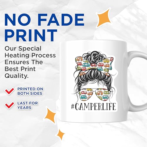 Bliss Monkey Co. Camperlife Coffee Mug - Messy Bun Camper Graphic - Retro Camping 11 Ounce Cup - Printed On Both Sides - P...