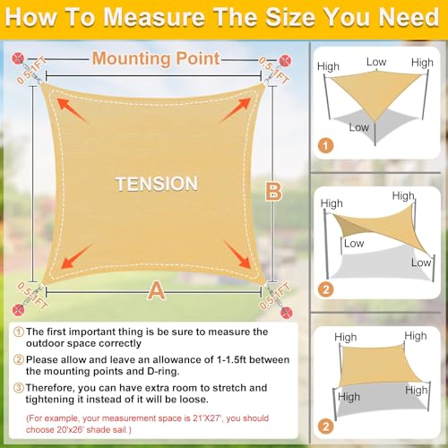 KANAGAWA Sun Shade Sail Curved 20'X26' Sand Rectangle Outdoor Shade Cover UV Blovk Canopy for Patio Garden Backyard Heavy ...