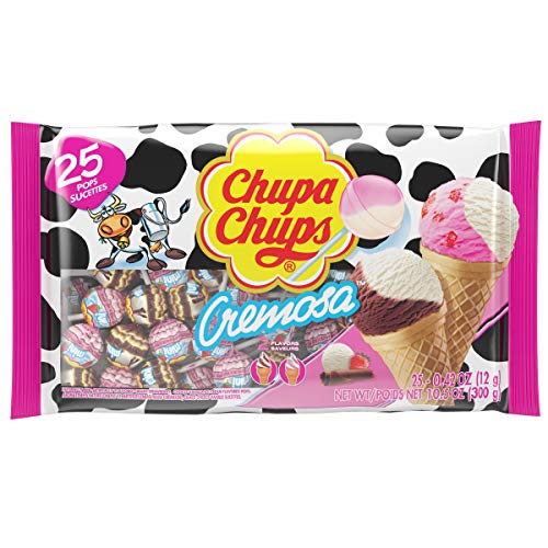 Chupa Chups (1) bag Cremosa Lollipops Candy 2 Ice Cream Flavors - Strawberry and Cream, Choco-Vanilla - Fat, Peanut & Gluten Free 25 pieces/10.58 oz