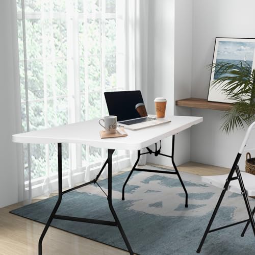 pollilar Folding Table 6FT Plastic 6 Foot Foldable Table HDPE Portable Banquet Surface Fold-in-Half Desk Utility for Worki...