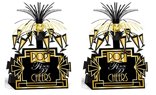 Beistle Pop Fizz Cheers Centerpieces – 2-Pack Art Deco Table Decorations in Black and Gold for Roaring Twenties Parties, N...