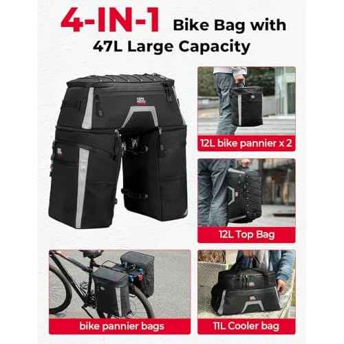 KEMIMOTO Bicycle Panniers Combo 4-in-1, Bike Saddle Cooler Bag with Waterproof Rain Cover, 47L Removable Insulated Cycling Rear Luggage for Warm or Cold Items for Traveling Camping Shopping Commuting