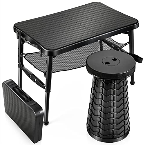 KPR Retractable Small Folding Table and Stool Set, Portable Camping Foldable Table Lightweight Yet More Sturdy with Adjust...