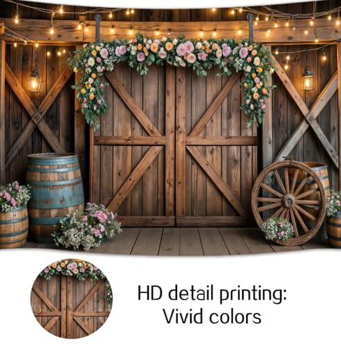 10x8ft Country Wedding Photography Backdrop Rustic Barn Door Photography Backdrop Farmhouse Pink Flower Cabin Wooden Birth...