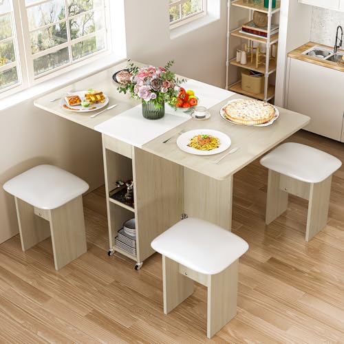 Lamerge Folding Dining Table Set for 4, Dinner Table with 4 Leather Chairs and Shelves, Space Saving Foldable Dining Table...