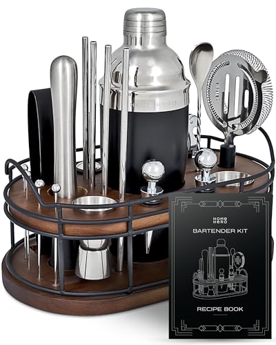 Home Hero Bartender Kit - 22-Piece Cocktail Shaker & Bar Tool Set - Wooden Stand Display & Bar Cart Accessories - Recipe B...