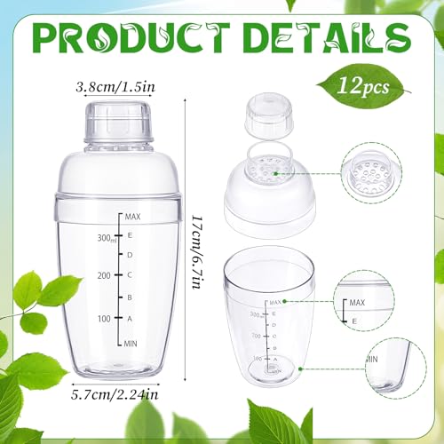 12 Pcs Plastic Cocktail Shaker with Scale and Strainer Top Clear Shaker Cup with Measurement Clear Plastic Bottle Cocktail...