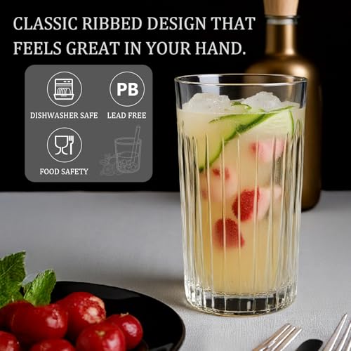 Laerjin Drinking Glasses Set of 8, 12 oz Highball Glasses & 10 oz Cocktail Glasses Set, Ribbed Glass Cups,Thick Glass Cup...