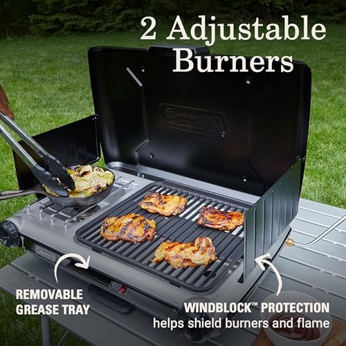 Coleman Tabletop 2-in-1 Grill & Stove with 2 Adjustable Burners, Propane Grill/Stove with Push-Button Starter, Wind Guard...