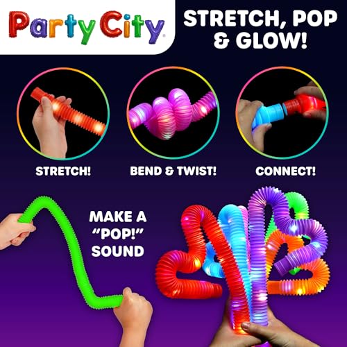 Party City 24pk LED Light Up Pop Tubes 25”- 3 Mode Stretchy Tubes LED Light Up Toys Bulk Glow Sticks Party Favors for Kids...
