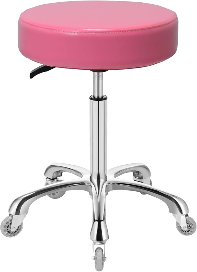 Ainilaily Rolling Stool with Wheels, Heavy Duty 400 lbs Stool for Shop Guitar Lab Tattoo Workbench Medical, Adjustable Swivel Chair (Pink)