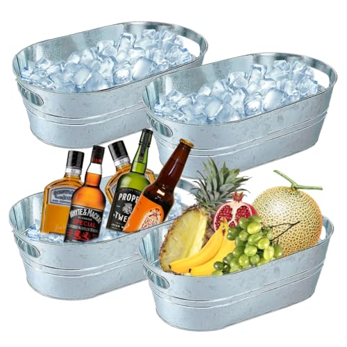 4 Pack Galvanized Tub 3.1 Gallon Ice Bucket Large Metal Drink Buckets for Parties Beer Beverage Tub with Carry Handles for...