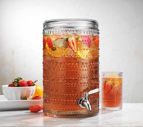 Glavers 2 Gallon Beverage Dispenser Clear Glass Hobnail Beaded Jug, Tight Lid, Side Press Stainless Steel Spigot. Cocktail...