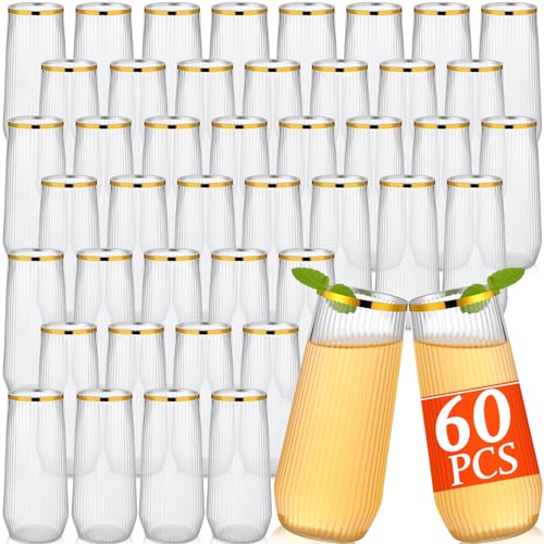 Reallnaive 60 Pack Ribbed Stemless Toasting Glasses, 9 Oz Plastic Champagne Flutes, Disposable BPA-Free Gold Rim Toasting ...