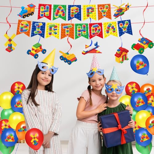 173 PCS Building Block Birthday Party Decorations - Plates, Napkins, Cups, Cutlery, Cake & Cupcake Toppers, Banner, Hangin...