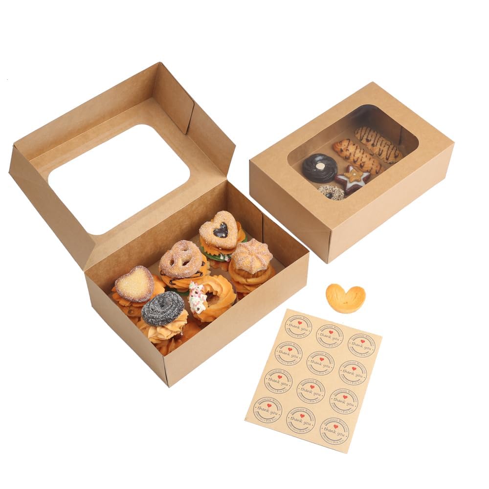 YEKTFS 24 Pcs Cookie Boxes with Window for Paper Gift Giving Brown Bakery Gift Boxes 9 x 6.3 x 3 Inch, Easy Estate Holiday Packaging for Cookie, Cupcaked, Donuts & Pastries