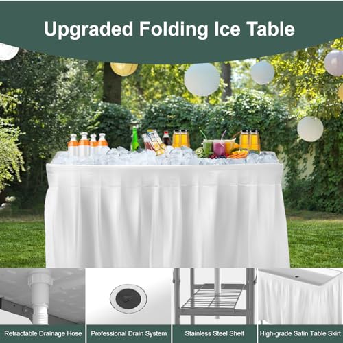 IWDOO 4 Foot Ice Cooler Table, Outdoor Cooler Table with Removable Matching Skirt and Shelf, Folding Ice Tables for Party,...
