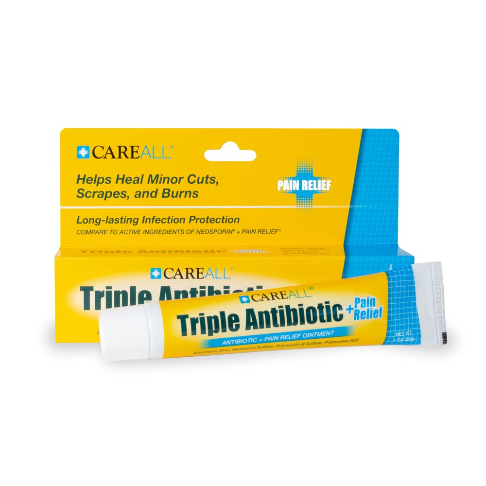 CareAll Triple Antibiotic Ointment + Pain Relief 1.0 oz (4 Pack), Dual Action First Aid for Minor Scrapes, Cuts, and Burns to Help Prevent Infection While Providing Maximum Strength Pain Relief.