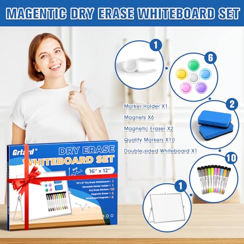 Grtard Dry Erase Magnetic White Board, 16''x12'' Double-Sided Desktop Whiteboard with Stand, Portable Small Whiteboard Se...