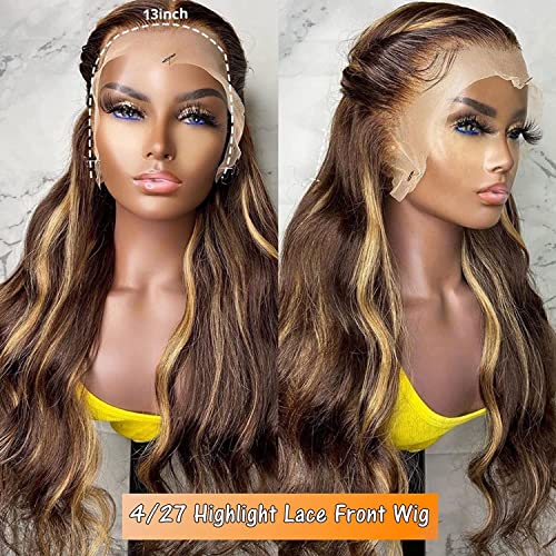 26 Inch Honey Blonde Lace Front Wig Human Hair Pre Plucked Ombre 13x4 Body Wave Lace Front Wigs Human Hair 4/27 Highlight 180 Density HD Lace Frontal Wigs