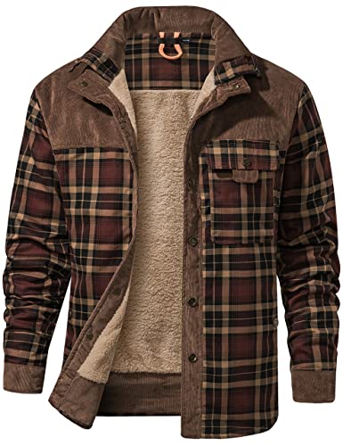 Flygo Men's Sherpa Lined Plaid Flannel Shirt Jacket Snap Button Warm Winter Jacket with Pockets