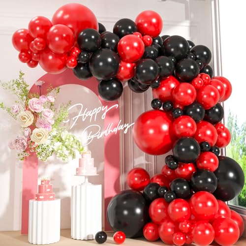 110pcs Red and Black Balloons Garland Arch Kit, 18/12/10/5 Inch Black Red Latex Balloons for Casino Poker Night, Graduatio...