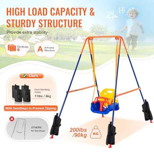 VEVOR Swing Sets for Backyard, 3-in-1 Toddler Swing Set with 4 Sandbags, Easy to Assemble, Foldable Metal Stand, Swingset Indoor/Outdoor for Kids Aged 3+