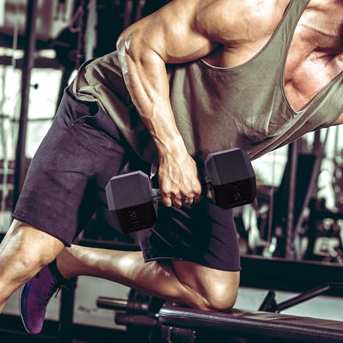 Fitvids Rubber Encased Hex Dumbbell, Hand Weights with Anti-Slip Cast Iron Grip for Exercise & Fitness, Weights Dumbbells Set of 2 for Strength Training, 5-50 LBS Pair