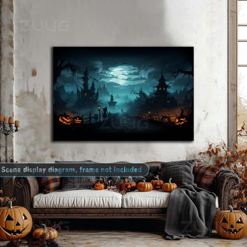 Fantasy horror Halloween canvas painting Gothic style fantasy dark haunted mansion wall decoration glowing pumpkin lantern twisted dead tree moonlight castle suitable for porch audio visual room