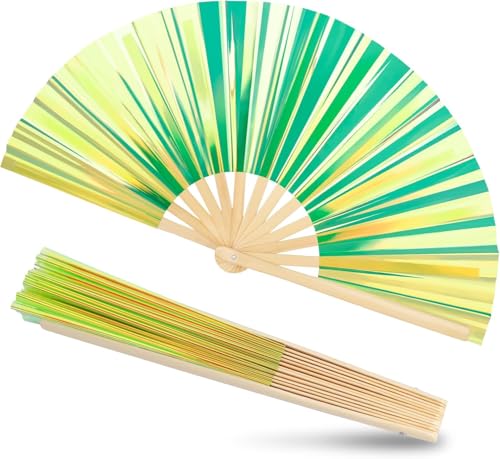 Folding Hand Fan, 13 Inch Glitter Green Rave Decorative Hand Fans for Line Dancing Handheld Crafts for Festivals, Rainbow ...