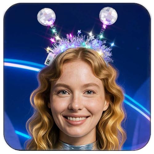 DRESBE Light Up Disco Ball Headband Silver LED Alien Headbands Glow Party Hair Accessories for Women