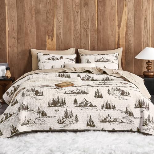 Wake In Cloud - Rustic Quilt Set, Cabin Forest Woodland Camping Theme with Lodge Mountain Print, Reversible Lightweight Be...
