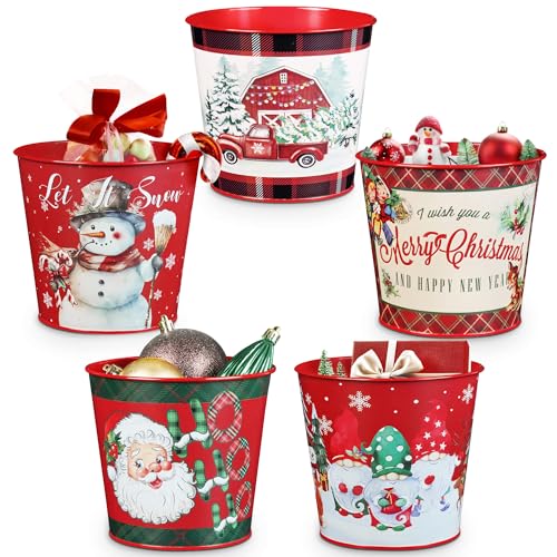 Putuo Decor Christmas Theme Metal Buckets, 5 Pieces Christmas Decorations Round Ice Buckets, Galvanized Small Bucket Pails...