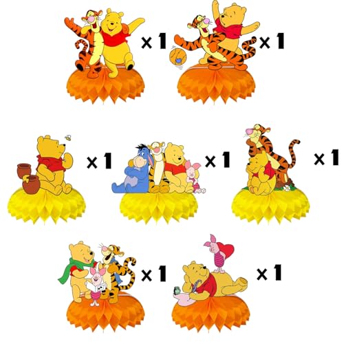 Winnie Birthday Party Supplies, 7Pcs Honeycomb Centerpieces for Winnie Party Decorations, Double Sided Table Decorations C...