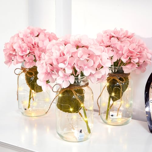 Juinte 4 Sets Mason Jar with Lights Pink Hydrangea Decorative Pink Centerpieces for Tables Mason Jars Flowers Decorations ...
