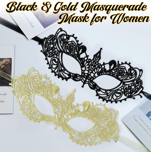 UV-BANS Masquerade Mask for Women - 2 Pcs Lace Black & Gold Masquerade Mask for Women Halloween Costume, Carnival, Mardi G...