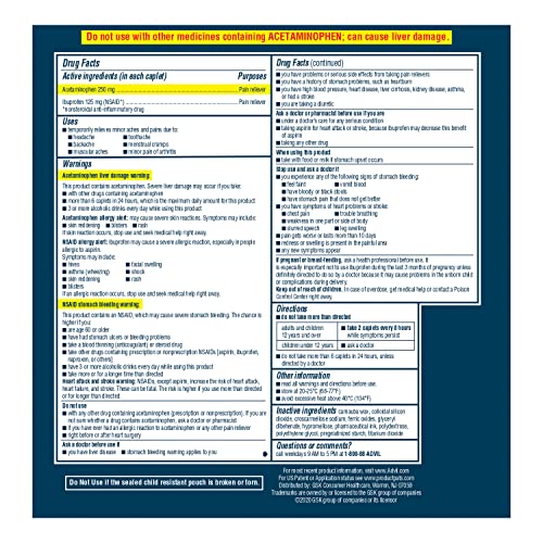 Advil Dual Action Coated Caplets with Acetaminophen, 250 Mg Ibuprofen and 500 Mg Acetaminophen Per Dose (2 Dose Equivalent) for 8 Hour Pain Relief - 2 Count x 50