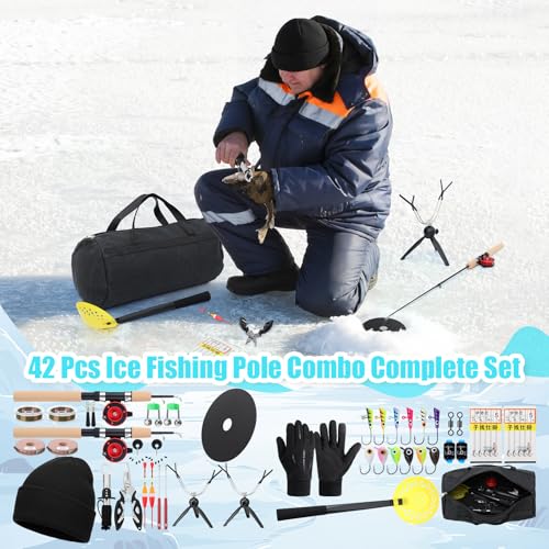 Teyva Daily 42 Pcs Ice Fishing Rod Reel Combo Complete Set 29.5" Ice Fishing Rod and Holder with Carrier Bag Pliers Lip Gr...