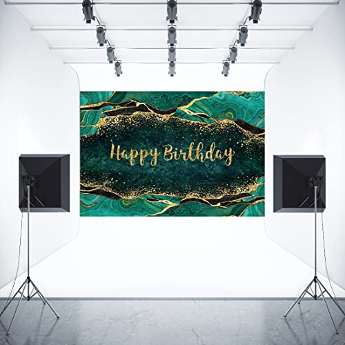 Aperturee 7x5ft Green Marble Happy Birthday Backdrop Glitter Gold Dots Girls Women Sweet 16 Luxury Abstract Photography Ba...