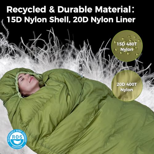 ATEPA Down Sleeping Bag for Adults, 700FP Recycled 15D Nylon Shell 35°F 45°F Mummy Cold Weather Ultralight 3 Season Compac...