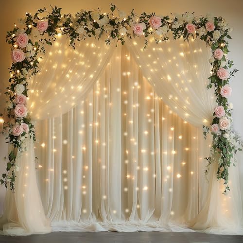Fomcet Champagne Backdrop Curtains with Lights String 10X10FT Polyester Fabric & Tulle Curtains Backdrop Drapes for Back D...
