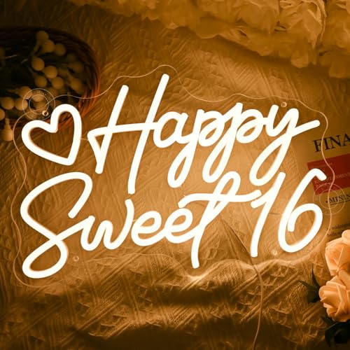 SYLHOME Happy Sweet 16 Led Neon Light Sign Happy 16th Birthday Party Backdrop Wall Sign Decor Sixteen Birthday Banner 15.7...
