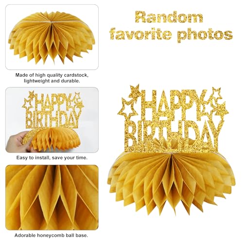 Eucutur 8Pcs Honeycomb Birthday Decorations - Gold Glitter Centerpieces for Women & Men, Happy Birthday Photo Table Topper...